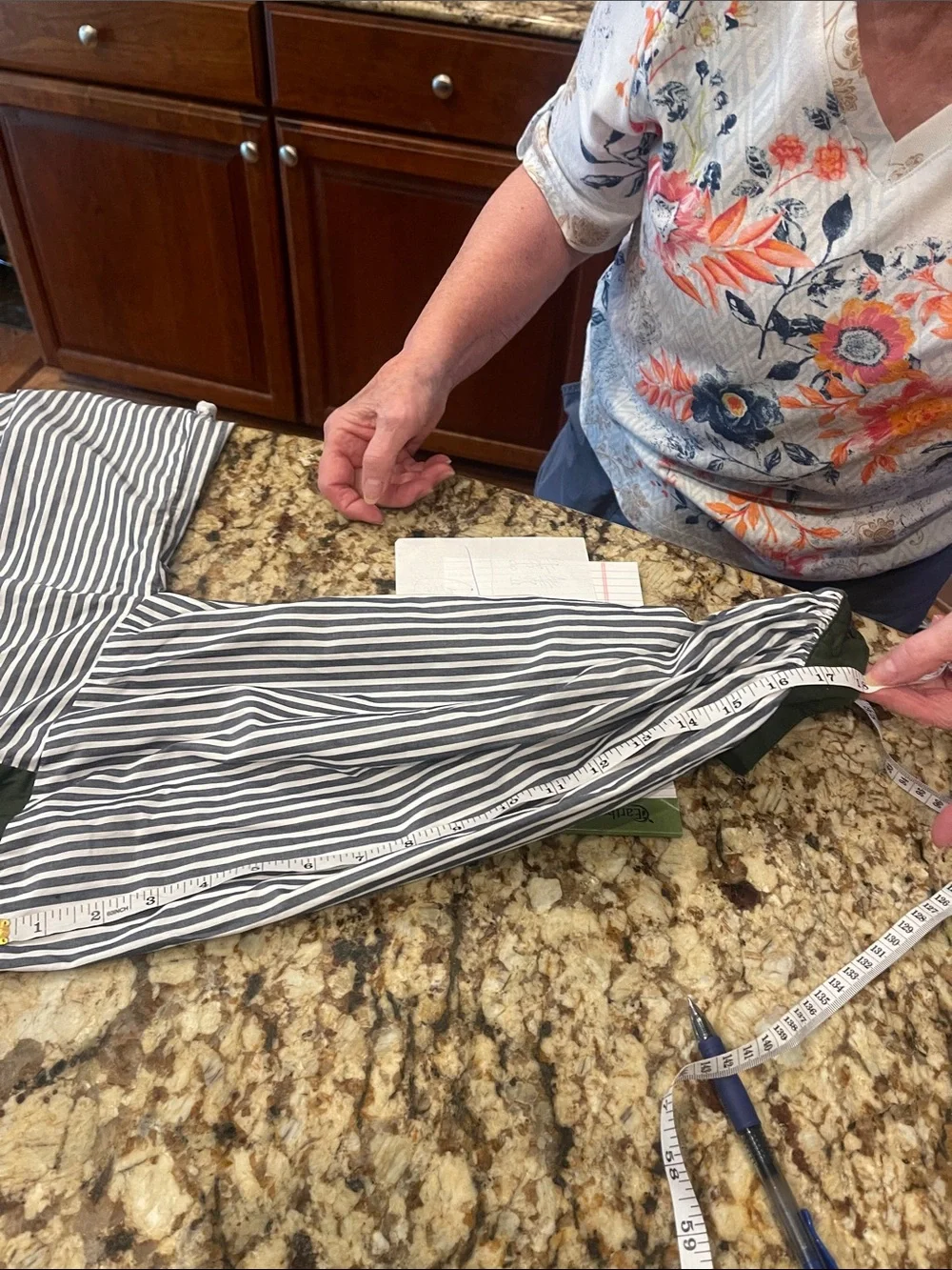 LOFT Grey Stripe Split-Neck top with Olive Yoke. Women’s size large.